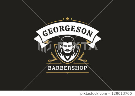 Elegant vintage barbershop logo featuring male portrait, razor, and stylish emblem design Elegant vintage barbershop logo featuring male portrait, razor, and stylish emblem design 129013760