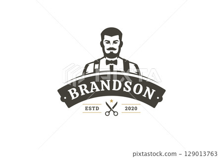 Retro Barber Shop Logo with Gentleman Portrait and Scissors Emblem, Vintage Design Retro Barber Shop Logo with Gentleman Portrait and Scissors Emblem, Vintage Design 129013763