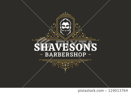 Elegant vintage barbershop logo with male portrait, and ornamental design for grooming services Elegant vintage barbershop logo with male portrait, and ornamental design for grooming services 129013764