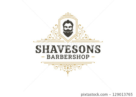 Retro Barbershop Logo with Male Portrait and Ornate Decorative Elements Retro Barbershop Logo with Male Portrait and Ornate Decorative Elements 129013765