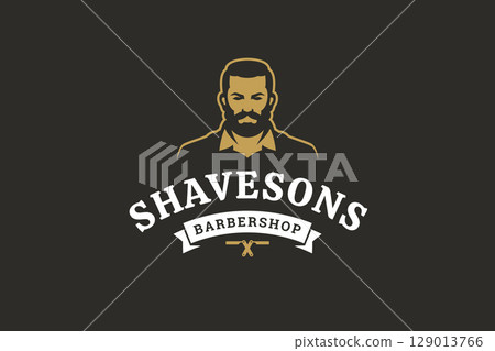 Vintage Barbershop Logo with Gentlemans Portrait and Retro Design Elements 129013766