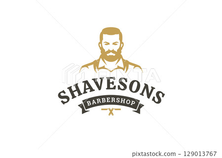Vintage Gentlemans Barbershop Logo with Beard and Mustache Portrait in Retro Style Vintage Gentlemans Barbershop Logo with Beard and Mustache Portrait in Retro Style 129013767