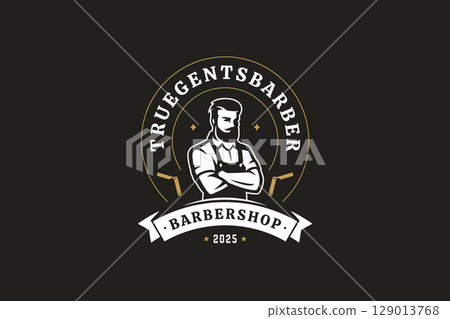 Vintage Gentleman Barber Shop Logo with Retro Style and Professional Barber Portrait Vintage Gentleman Barber Shop Logo with Retro Style and Professional Barber Portrait 129013768