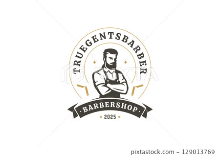 Elegant Gentleman Barber Logo Design with Retro Style and Vintage Elements for Barbershop Branding Elegant Gentleman Barber Logo Design with Retro Style and Vintage Elements for Barbershop Branding 129013769