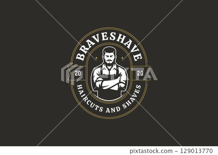 Elegant vintage barber logo featuring confident male portrait with apron, and gold accents 129013770
