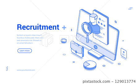 Recruitment banner with isometric design featuring digital job searching elements 129013774