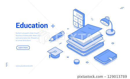 Modern isometric line banner showcasing education tools and resources for learners Modern isometric line banner showcasing education tools and resources for learners 129013789