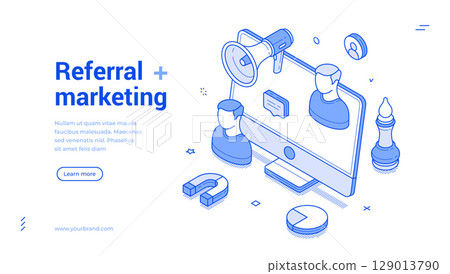 Referral marketing strategy featuring isometric design with icons and illustrations Referral marketing strategy featuring isometric design with icons and illustrations 129013790
