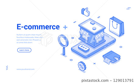 E-commerce isometric line banner showcasing online shopping and modern retail concepts E-commerce isometric line banner showcasing online shopping and modern retail concepts 129013791
