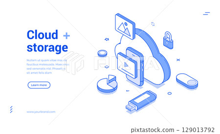 Explore cloud storage solutions with modern isometric line banner design for tech innovations 129013792