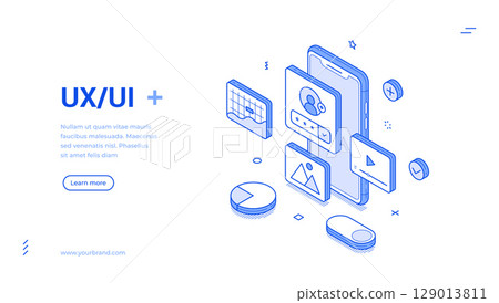 Creative illustration features isometric line art elements related to UX UI design 129013811