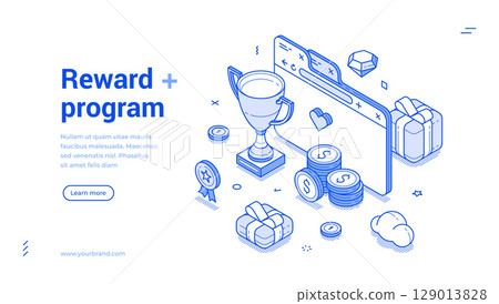 Reward program prize bonus cashback loyalty benefit web banner isometric vector illustration 129013828