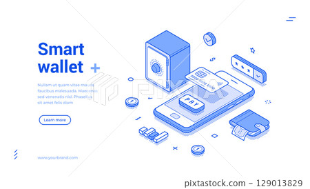 Smart digital wallet online banking financial smartphone application web banner isometric vector 129013829