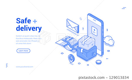 Safe delivery post parcel online shopping smartphone app web banner isometric vector Safe delivery post parcel online shopping smartphone app web banner isometric vector 129013834