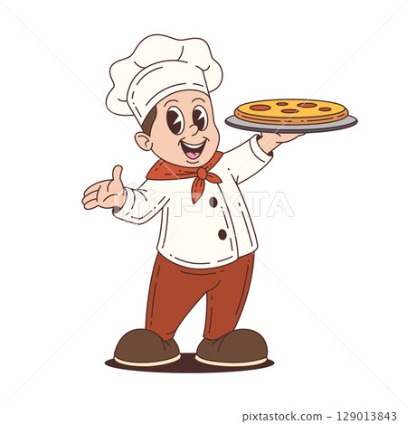 Happy Cartoon Chef Mascot Character with Red Scarf Holding Pizza for Food Project Design 129013843