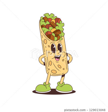 Funny Burrito Character Mascot with Vegetables and Meat in Cute Cartoon Style for Food Projects Funny Burrito Character Mascot with Vegetables and Meat in Cute Cartoon Style for Food Projects 129013848