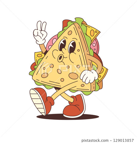 Quesadilla Character Mascot with Peace Gesture and Energetic Expression Cartoon Vector 129013857