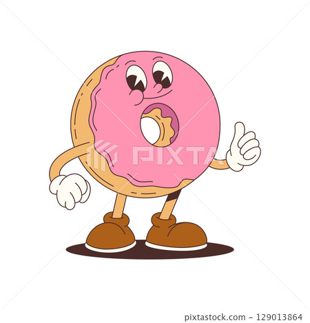 Cheerful Animated Pink Donut Mascot Wearing Gloves Shoes With Raised Hand For Food Marketing Vector Illustration 129013864