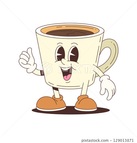 Cheerful Coffee Cup Mascot Character With Thumbs Up And Big Smile For Fun Design Projects Cheerful Coffee Cup Mascot Character With Thumbs Up And Big Smile For Fun Design Projects 129013871