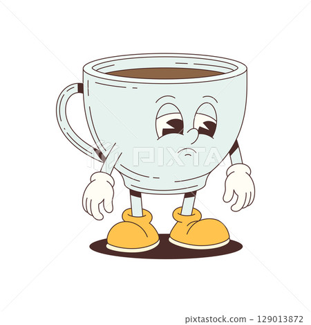 Sad Coffee Cup Mascot Character With Brown Liquid And Yellow Shoes For Creative Morning Concepts 129013872