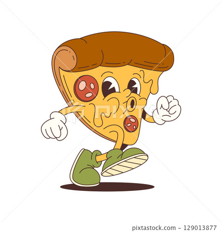 Cartoon Pizza Mascot With Running Pose Wearing Green Sneakers And White Gloves For Fun Projects Cartoon Pizza Mascot With Running Pose Wearing Green Sneakers And White Gloves For Fun Projects 129013877