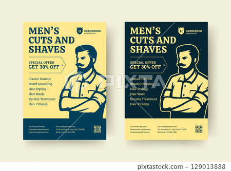 Barbershop Flyer Design with Man Illustration and Retro Offer Layout for Grooming Promotions Barbershop Flyer Design with Man Illustration and Retro Offer Layout for Grooming Promotions 129013888