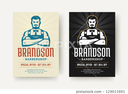 Vintage Barber Shop Flyer with Bold Typography and Classic Male Figure for Promotional Advertising Vintage Barber Shop Flyer with Bold Typography and Classic Male Figure for Promotional Advertising 129013891