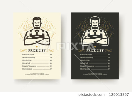 Classic Barbershop Price List Flyer with Vintage Male Icon and Retro Style Layout for Hair Services Classic Barbershop Price List Flyer with Vintage Male Icon and Retro Style Layout for Hair Services 129013897