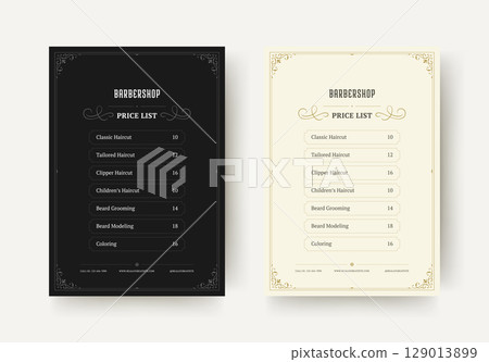 Barbershop Price List Flyer Design with Elegant Decorative Borders and Classic Typography Layout Barbershop Price List Flyer Design with Elegant Decorative Borders and Classic Typography Layout 129013899