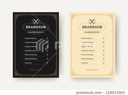 Barbershop Flyer with Uniform Price List Layout and Elegant Vintage Border and Scissors Icon Barbershop Flyer with Uniform Price List Layout and Elegant Vintage Border and Scissors Icon 129013901