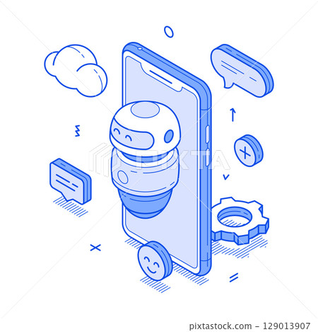 Virtual assistant chatbot robotic AI support smartphone application minimalist isometric vector Virtual assistant chatbot robotic AI support smartphone application minimalist isometric vector 129013907