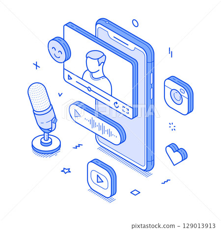 Social media content video podcast blog vlog smartphone application minimalist isometric vector 129013913