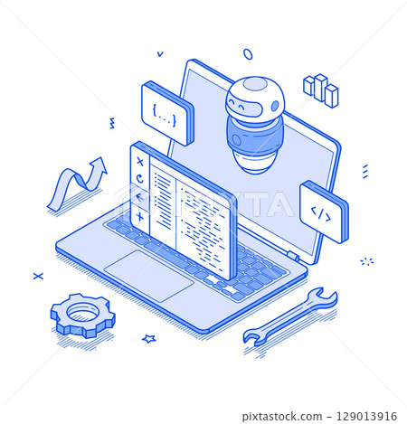 Artificial intelligence software development coding programming minimalist isometric vector Artificial intelligence software development coding programming minimalist isometric vector 129013916