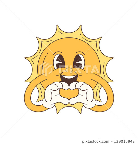 Cute Cartoon Smiling Sun Character Making Heart Shape With Hands In Vector Art Style Cute Cartoon Smiling Sun Character Making Heart Shape With Hands In Vector Art Style 129013942