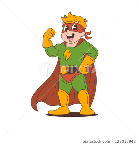 Superhero Mascot Character In Green Costume With Cape And Mask Smiling In Confident Cartoon Pose Superhero Mascot Character In Green Costume With Cape And Mask Smiling In Confident Cartoon Pose 129013948