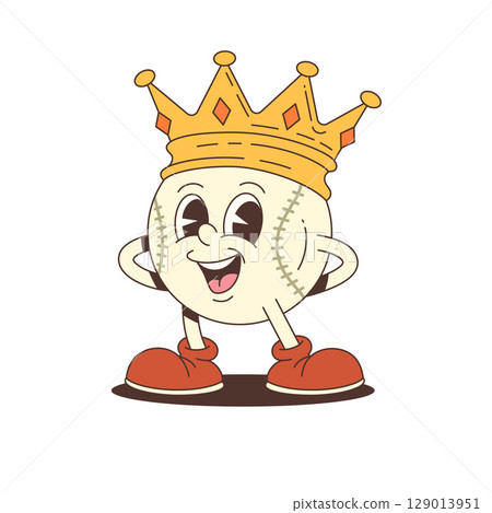 Funny Baseball Mascot Wearing Crown and Red Shoes Standing on Shadow Funny Baseball Mascot Wearing Crown and Red Shoes Standing on Shadow 129013951