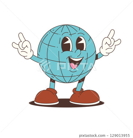 Mascot Cartoon Earth Globe Character with Happy Face and Raised Hands Vector Illustration 129013955