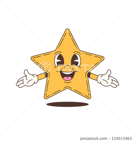 Happy Smiling Star Character Mascot with Open Arms in Retro Cartoon Vector Illustration Art Happy Smiling Star Character Mascot with Open Arms in Retro Cartoon Vector Illustration Art 129013963