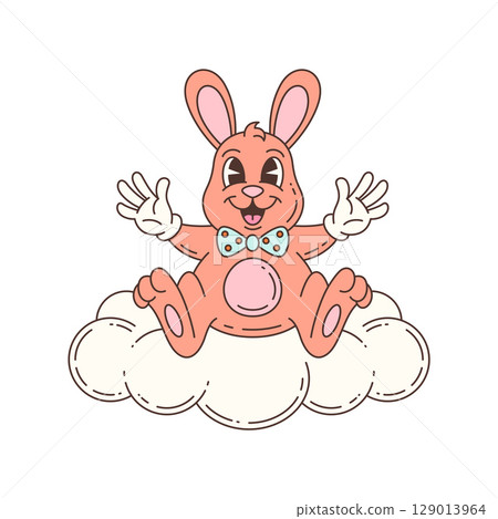 Cute Bunny Character Mascot Sitting on Cloud with Bow Tie in Fun Cartoon Vector Illustration Cute Bunny Character Mascot Sitting on Cloud with Bow Tie in Fun Cartoon Vector Illustration 129013964