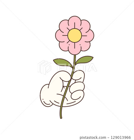 Cute Cartoon Mascot Hand Holding Pink Flower with Leaves in Retro Style Vector Illustration Cute Cartoon Mascot Hand Holding Pink Flower with Leaves in Retro Style Vector Illustration 129013966