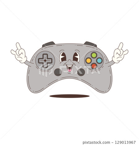Funny Cartoon Mascot Game Controller with Smiling Face and Gesture in Flat Retro Style Vector 129013967
