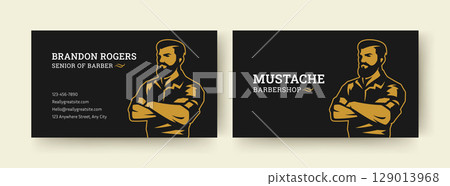 Retro Vintage Barbershop Business Card Template with Logo and Contact Information Layout for Hairdresser Service Business 129013968