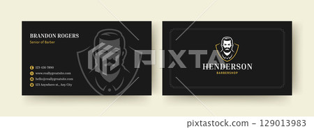 Black Modern Barber Business Card Template with Professional Logo Design and Essential Contact Information Black Modern Barber Business Card Template with Professional Logo Design and Essential Contact Information 129013983