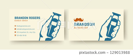 Modern Barber Business Card Template with Hand Holding Clipper and Mustache Logo Design 129013988