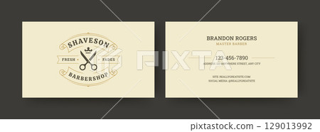 Classic Elegant Barber Business Card Layout with Vintage Scissors Logo and Clean Contact Design Classic Elegant Barber Business Card Layout with Vintage Scissors Logo and Clean Contact Design 129013992