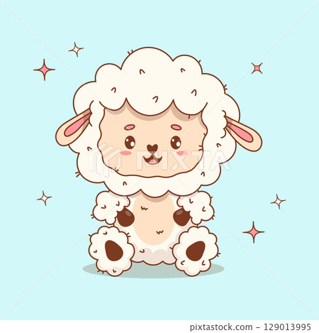 Cute Little White Sheep. Adorable Farm Animal. Happy cartoon kawaii character. Vector illustration. Kids collection 129013995