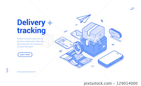 Delivery service courier GPS tracking smartphone application web banner monochrome isometric vector 129014000