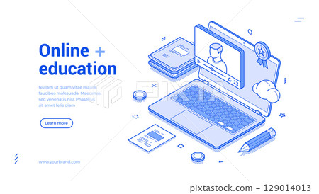 Online education e learning remotely video lesson laptop web banner isometric vector 129014013