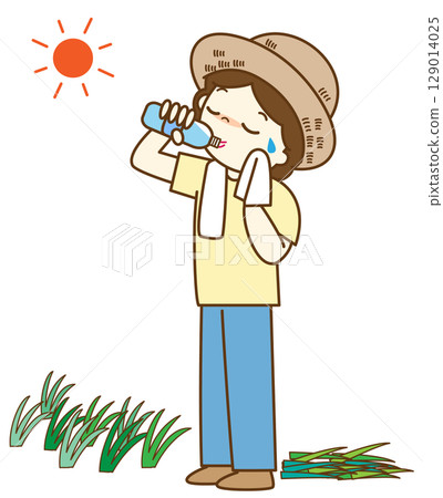 A woman taking a break while weeding 129014025