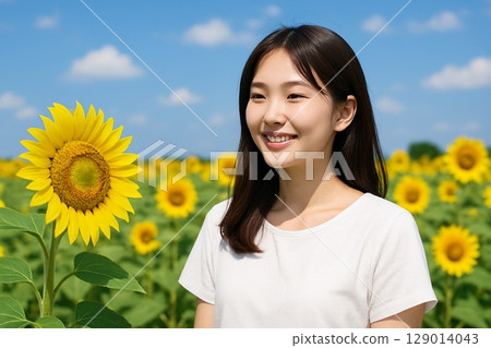 Smiling Japanese woman in a sunflower field | Summer flowers and blue sky 129014043